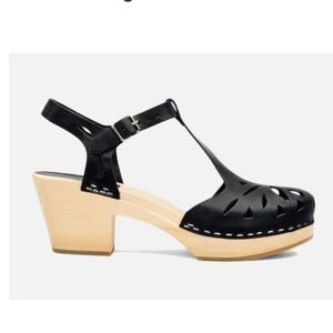 Swedish Hasbeens Black Lacey Lacy Clogs Heels NEW Size 10